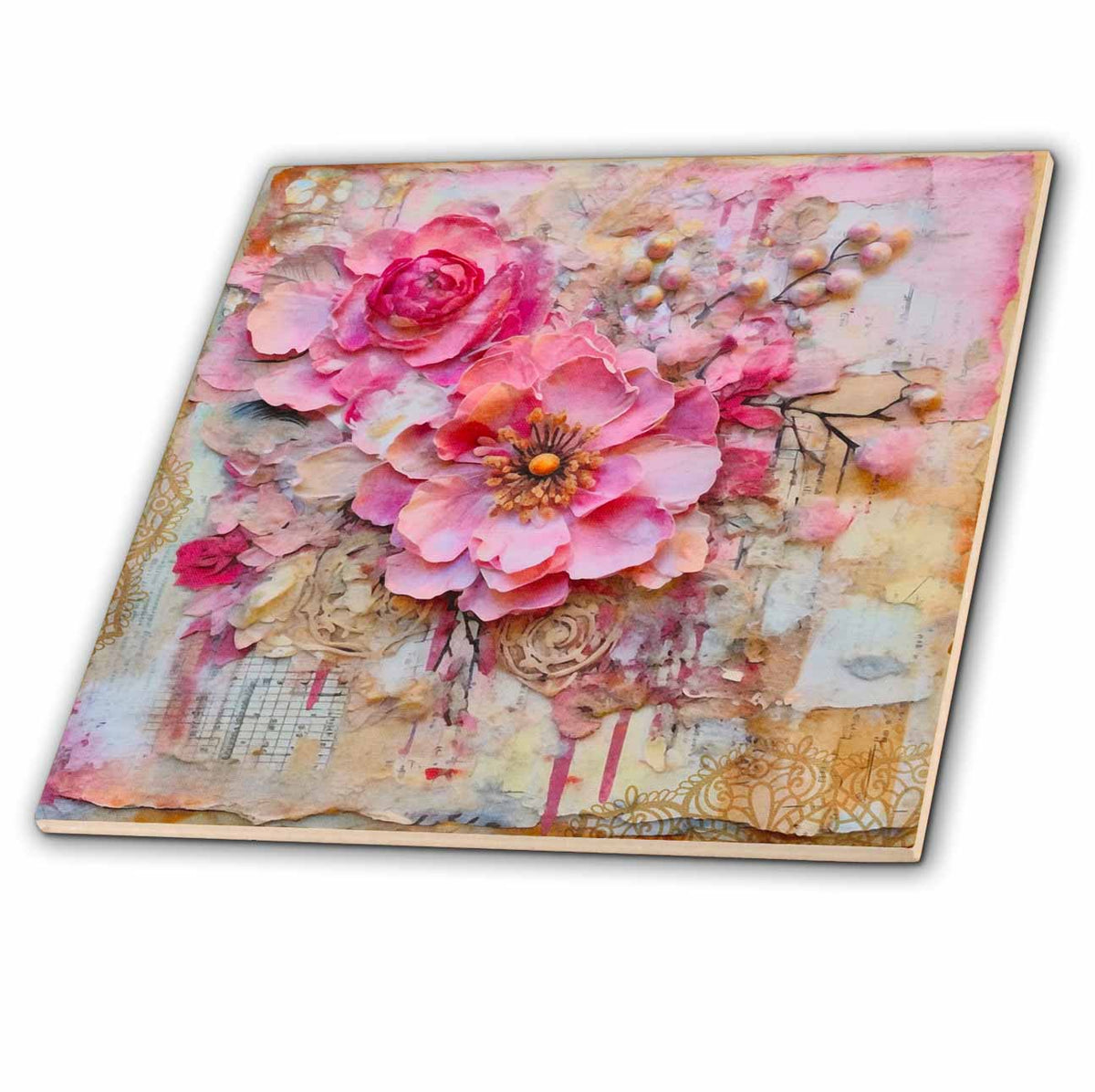 3dRose Pink Flowers and Torn Paper Junk Journal Background - Tiles (ct-384204)