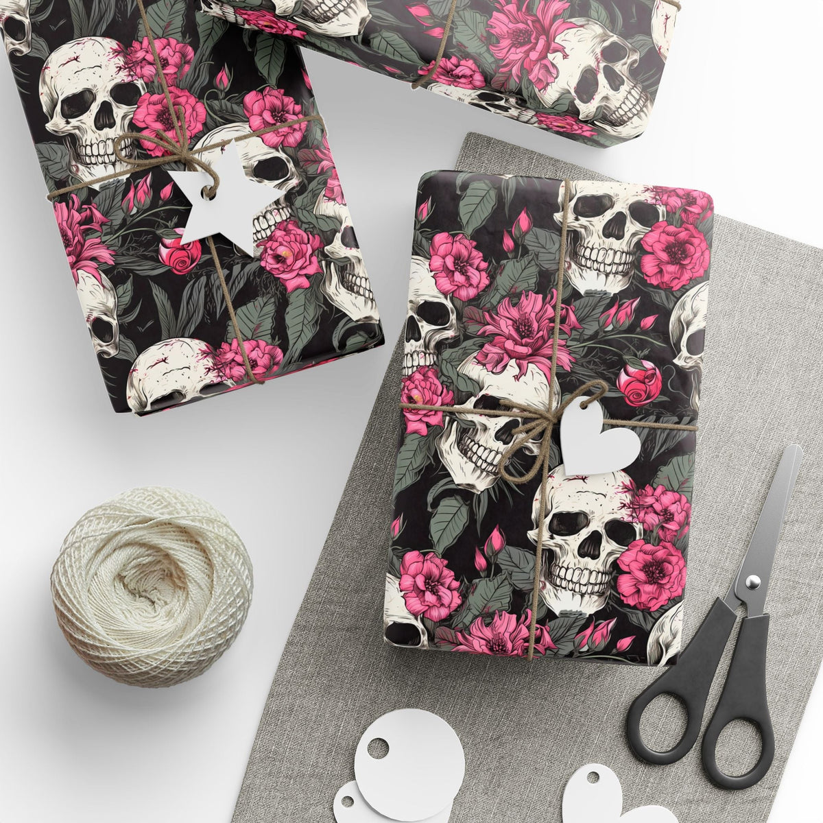 Pink Flowers and Skulls Gift Wrap